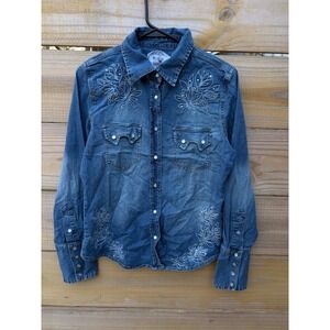 Country Royalty Womens Blue Denim Floral Embroidered Rhinestone Western Shirt M